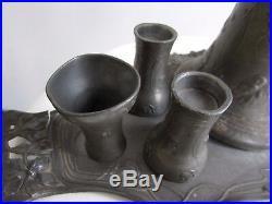 Art Nouveau Pewter Drinks Set Jug Cups Tray Liberty Style Embossed Floral Deco