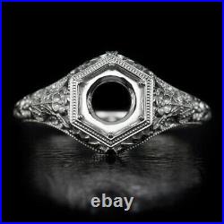 Art Nouveau Platinum Engagement Ring Setting Round Vintage Floral Engraving 6mm