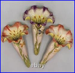 Art Nouveau Porcelain Wall Pocket Set Of 3 Flower Lady Legs Artist Signed MD. N