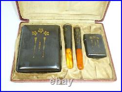 Art Nouveau Set Iron Cigarette Case Cigarette Holder Amber Verita