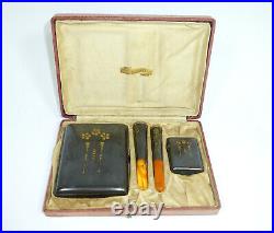 Art Nouveau Set Iron Cigarette Case Cigarette Holder Amber Verita