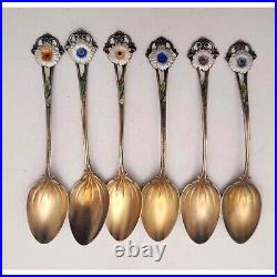Art Nouveau Set Whiting Sterling Silver Gold Wash Demitasse Spoons Floral Enamel