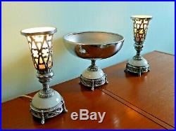 Art Nouveau Sideboard Lamp Set + Bowl Cast Metal Marble Glass Silver Mantel VTG