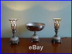 Art Nouveau Sideboard Lamp Set + Bowl Cast Metal Marble Glass Silver Mantel VTG