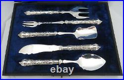 Art Nouveau Silver Handled Cased Serving Set, Cheese Scoop, Pickle & Bread Fork +