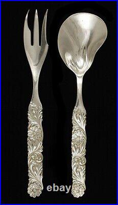 Art Nouveau Silvercraft Sterling Silver Floral Salad Fork Spoon Serving Set
