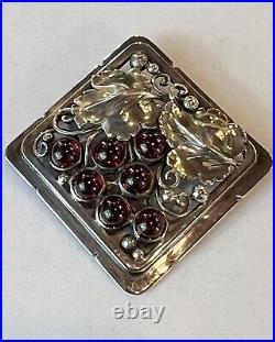 Art Nouveau Sterling Garnet Handmade Engraved Repoussé Grapevine Brooch Pin Wine