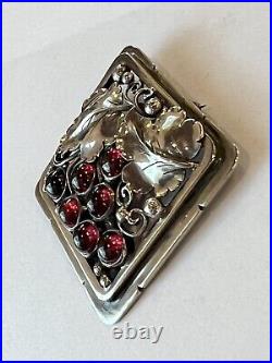 Art Nouveau Sterling Garnet Handmade Engraved Repoussé Grapevine Brooch Pin Wine