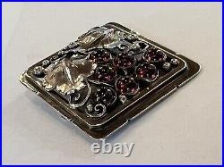 Art Nouveau Sterling Garnet Handmade Engraved Repoussé Grapevine Brooch Pin Wine