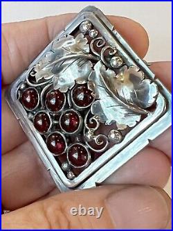 Art Nouveau Sterling Garnet Handmade Engraved Repoussé Grapevine Brooch Pin Wine