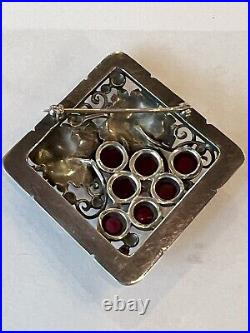 Art Nouveau Sterling Garnet Handmade Engraved Repoussé Grapevine Brooch Pin Wine