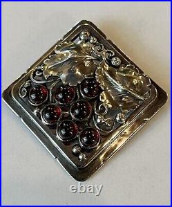 Art Nouveau Sterling Garnet Handmade Engraved Repoussé Grapevine Brooch Pin Wine