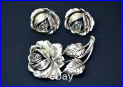 Art Nouveau Sterling Pat Pend 3D Flower Rose Brooch Pin and Earrings Jewelry Set