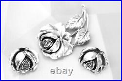 Art Nouveau Sterling Pat Pend 3D Flower Rose Brooch Pin and Earrings Jewelry Set