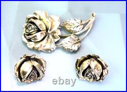 Art Nouveau Sterling Pat Pend 3D Flower Rose Brooch Pin and Earrings Jewelry Set