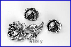 Art Nouveau Sterling Pat Pend 3D Flower Rose Brooch Pin and Earrings Jewelry Set