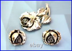 Art Nouveau Sterling Pat Pend 3D Flower Rose Brooch Pin and Earrings Jewelry Set