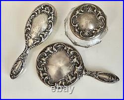 Art Nouveau Sterling Set 3 Vanity R. Wallace & Son Cut Glass Powder Brush Mirror