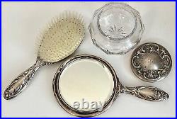 Art Nouveau Sterling Set 3 Vanity R. Wallace & Son Cut Glass Powder Brush Mirror