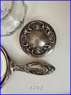 Art Nouveau Sterling Set 3 Vanity R. Wallace & Son Cut Glass Powder Brush Mirror