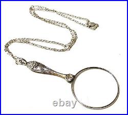 Art Nouveau Sterling Silver Scrolled Ornate Magnifying Glass Pendant Necklace L1