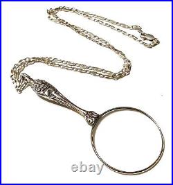 Art Nouveau Sterling Silver Scrolled Ornate Magnifying Glass Pendant Necklace L1