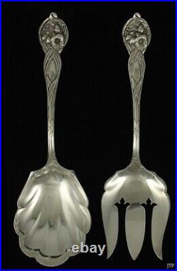 Art Nouveau Sterling Silver Watson Orchid Flower Salad Fork Spoon Serving Set