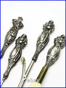 Art Nouveau Sterling Vanity Grooming Set Curling Iron Nail File Brush 4Pc