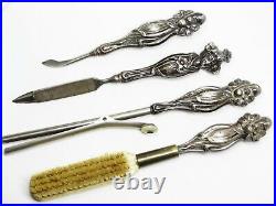 Art Nouveau Sterling Vanity Grooming Set Curling Iron Nail File Brush 4Pc