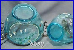 Art Nouveau Sugar & Milk Set, Turquoise Glas Enamel Painting, Mount Silver Plated