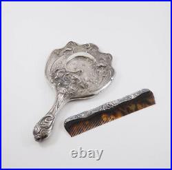 Art Nouveau Unger Bros 925 Sterling Silver Hand Mirror & Comb Set Poppies /g