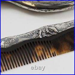Art Nouveau Unger Bros 925 Sterling Silver Hand Mirror & Comb Set Poppies /g