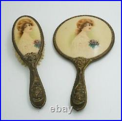 Art Nouveau Vanity Set Beautiful Girl Mirror & Brush Nude Figure Handles