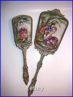 Art Nouveau Victorian Hand Painted Raised Porcelain Brush & Mirror Set Fabulous