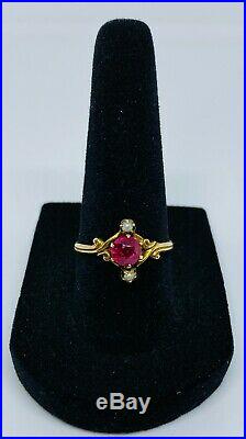 Art Nouveau Victorian Ruby Ring with Seed Pearls Set in 10k Solid Gold Size 8