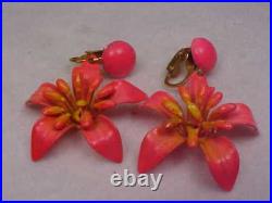 Art Nouveau Vintage Enamel Pink Wild Daisy Corn Flower Brooch Dangle Earring Set
