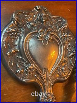 Art Nouveau WOMAN Nymph Florals Antique Silverplate Hand Mirror & Brush Set