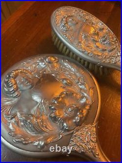 Art Nouveau WOMAN & POPPIES Antique Silverplate Hand Mirror & Brush Set