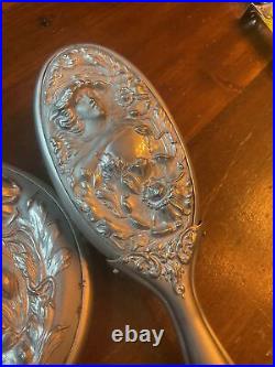 Art Nouveau WOMAN & POPPIES Antique Silverplate Hand Mirror & Brush Set