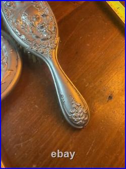 Art Nouveau WOMAN & POPPIES Antique Silverplate Hand Mirror & Brush Set