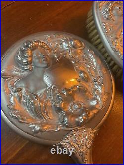 Art Nouveau WOMAN & POPPIES Antique Silverplate Hand Mirror & Brush Set