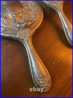 Art Nouveau WOMAN & POPPIES Antique Silverplate Hand Mirror & Brush Set