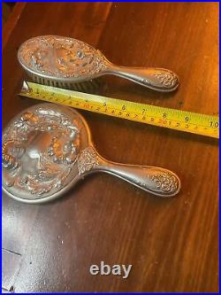 Art Nouveau WOMAN & POPPIES Antique Silverplate Hand Mirror & Brush Set