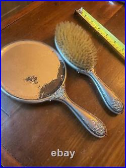 Art Nouveau WOMAN & POPPIES Antique Silverplate Hand Mirror & Brush Set