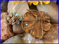Authentic Antique Art Nouveau Blue Art Glass Bead Bronze Brooch & Earrings SET
