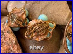 Authentic Antique Art Nouveau Blue Art Glass Bead Bronze Brooch & Earrings SET