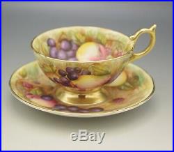 Aynsley Bone China Teacup Saucer Set Fruit Orchard Hand Painted Gold Footed