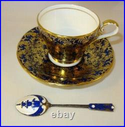 Aynsley Boxed Gilded Cobalt Blue Coffee Set & Enamelled Silver Spoons c1950