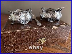 BOX SET Wild ROSE Art Nouveau French Sterling Silver Salt Dishes Spoons Home Bar
