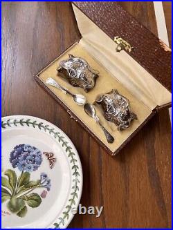 BOX SET Wild ROSE Art Nouveau French Sterling Silver Salt Dishes Spoons Home Bar
